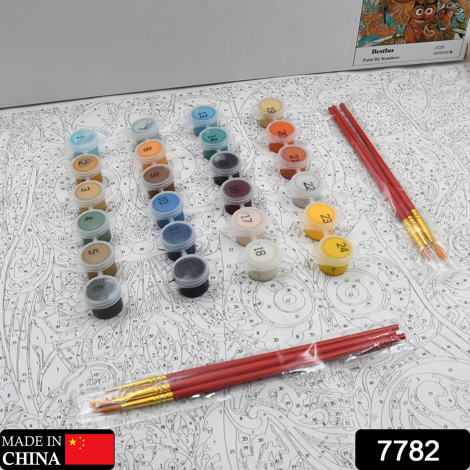 Adult paint-by-number kit with 24 colors, pre-printed canvas, and paintbrushes.