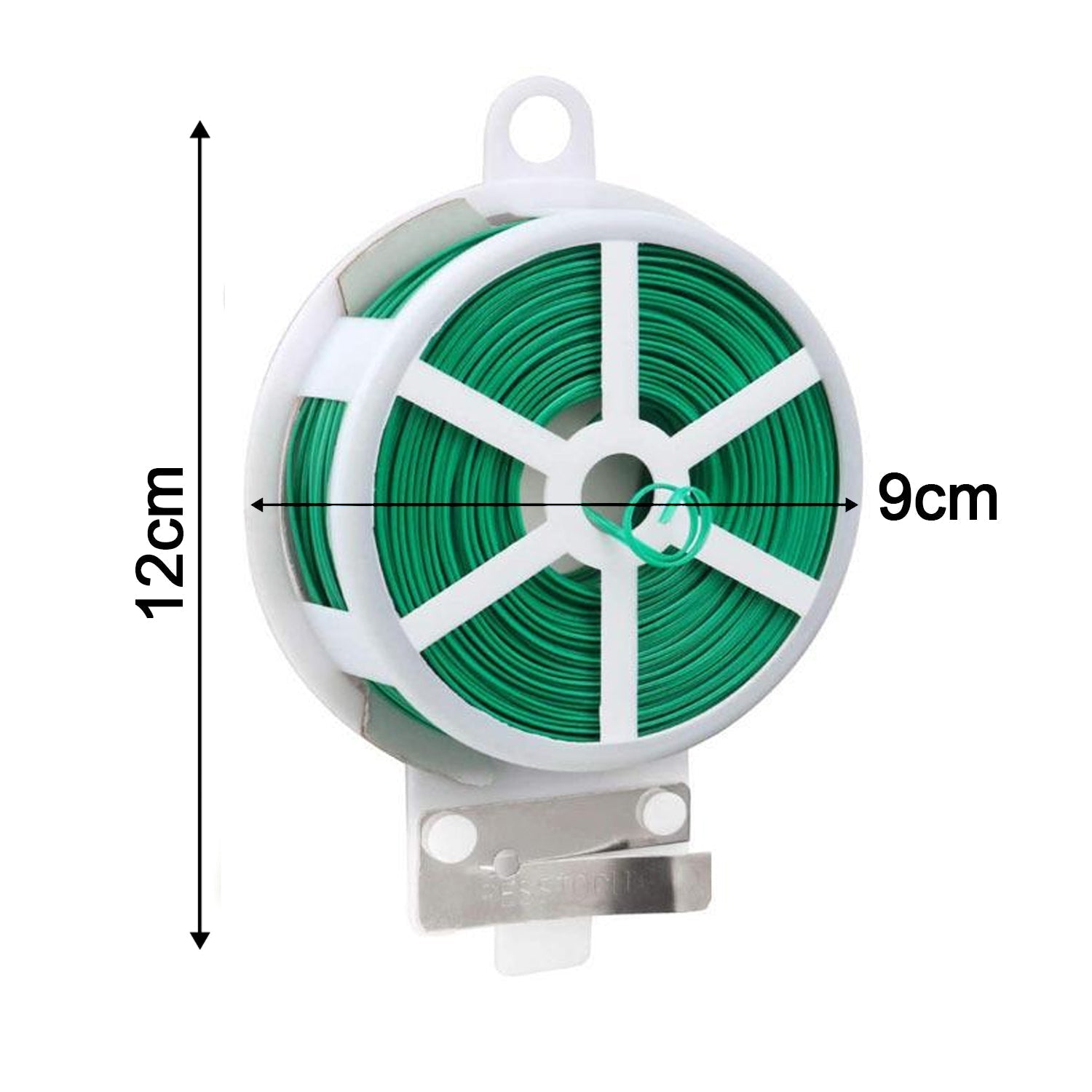 Twist tie wire spool with cutter for yard and garden plants, green color.