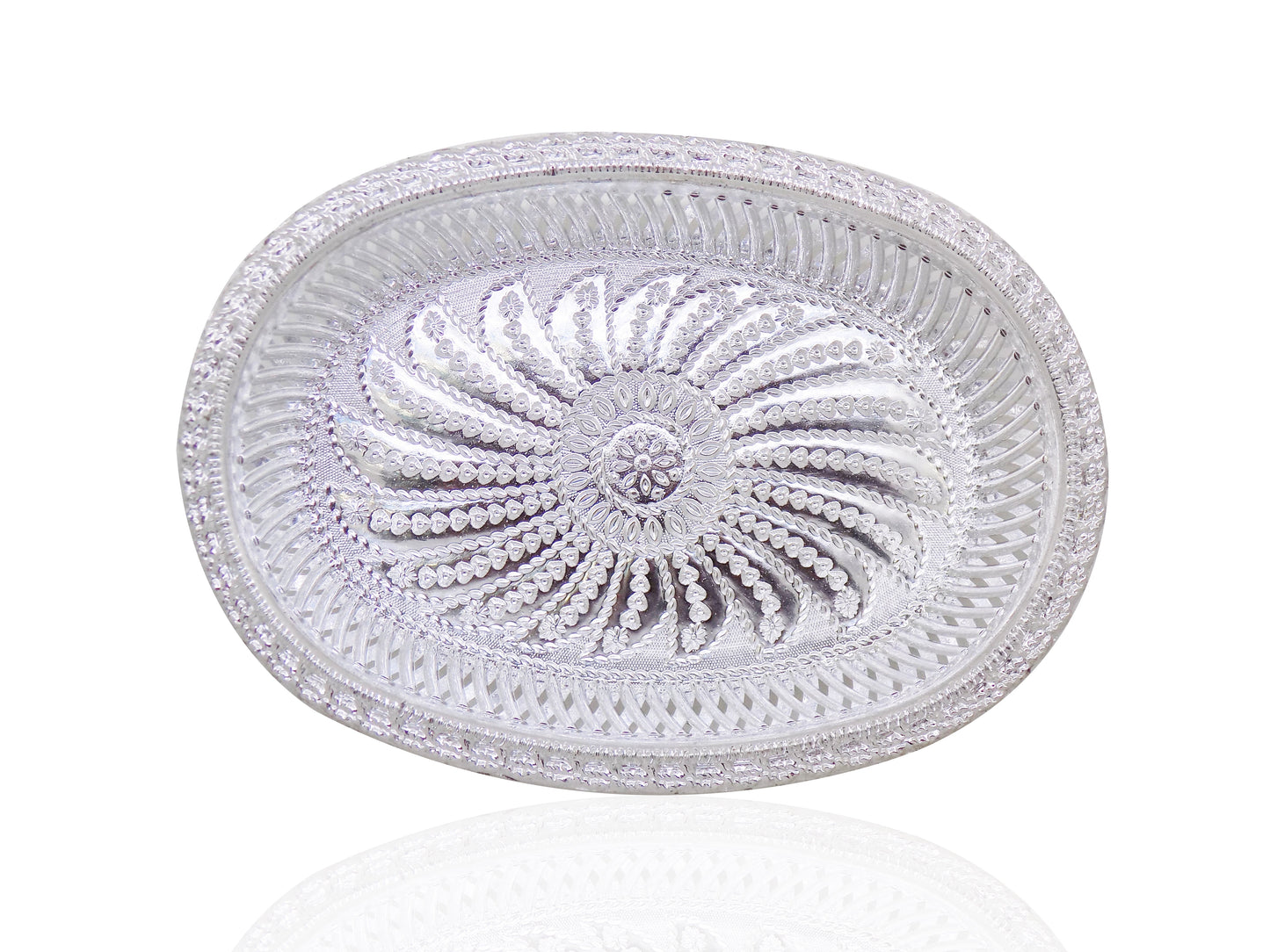 Oval silver serving tray with royal design for upscale presentation.