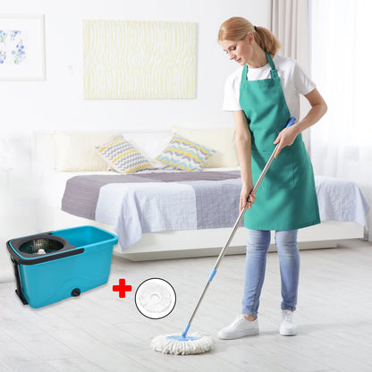 Spin mop with easy wheels and large plastic bucket for cleaning