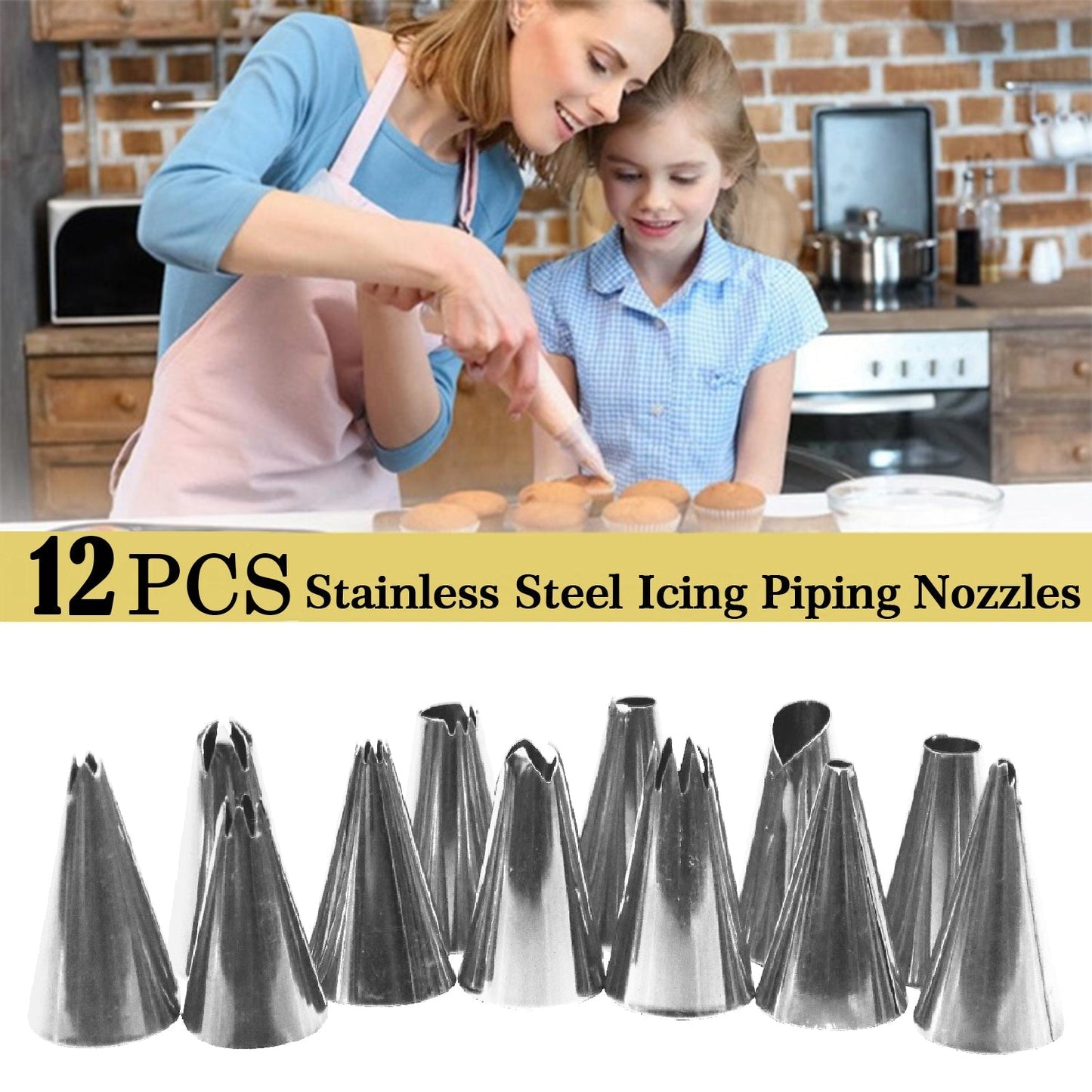 Professional stainless steel nozzles for cake icing, 12 pcs