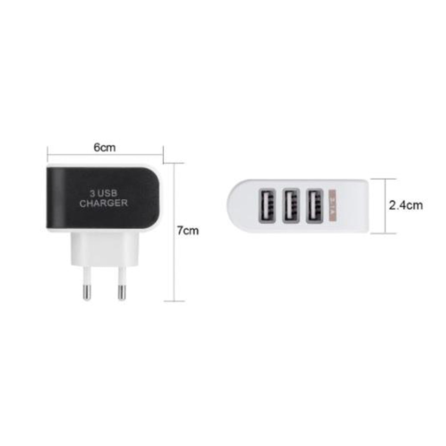 Triple USB charger with a wall plug, showcasing its functionality for charging multiple devices