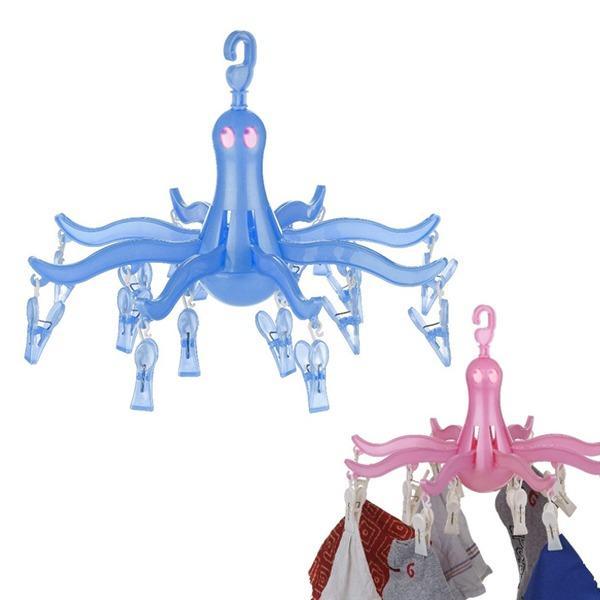 Compact octopus-shaped folding hanger with 16 pegs for hanging small items.