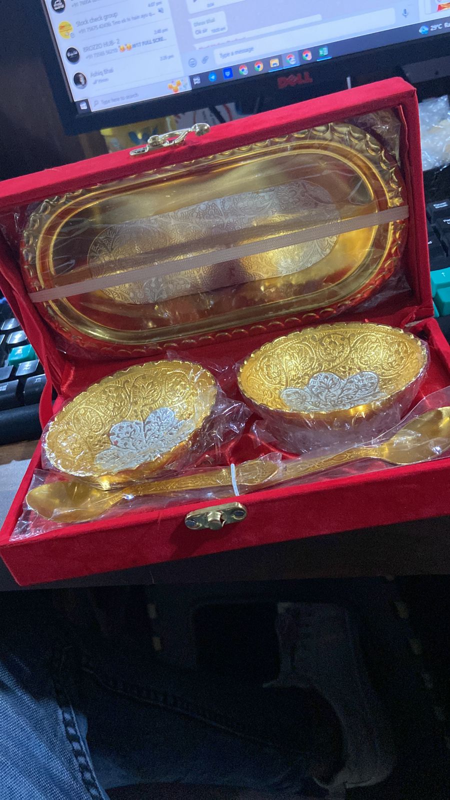 Brass tray set with gold and silver plating, two bowls and spoons, comes in a red velvet box.