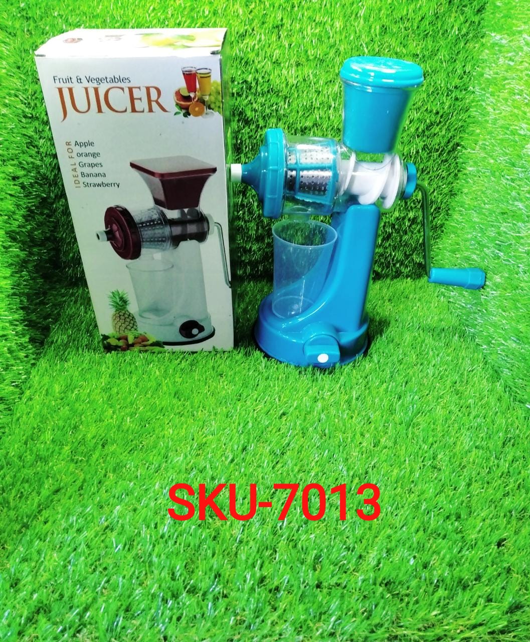 Multicolored juicer with strainer and detailed view of parts