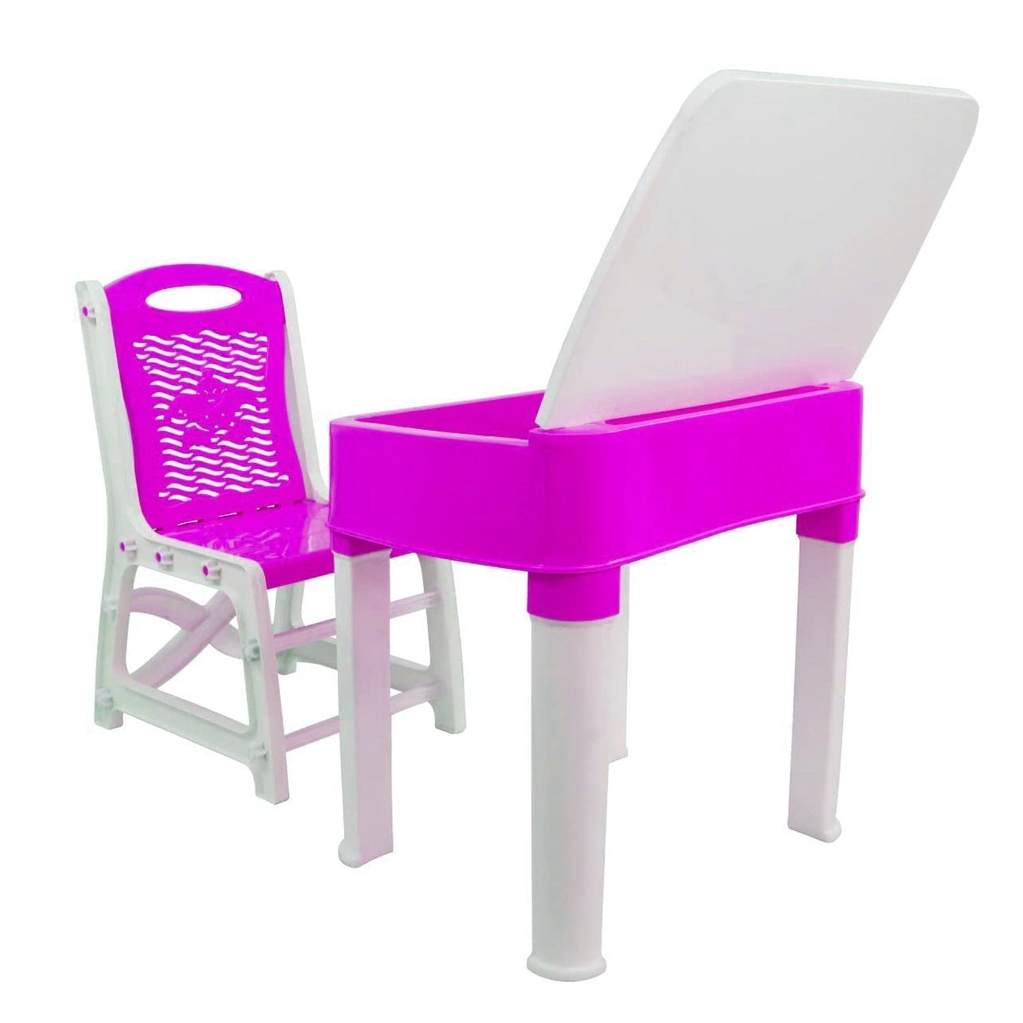 Pink plastic study table and chair set for kids, with integrated pencil storage box.